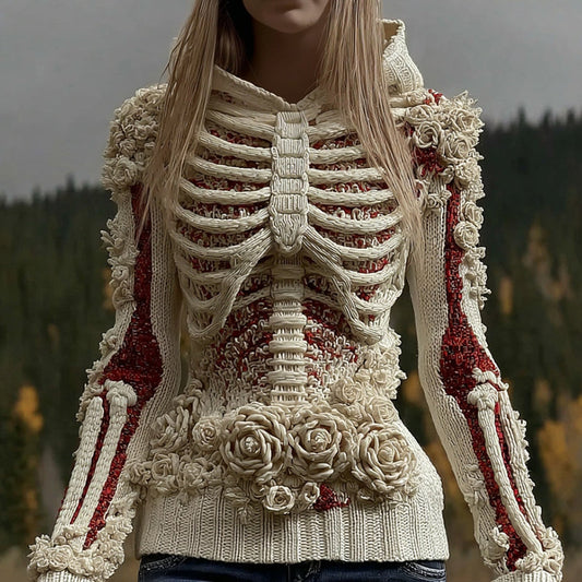 Women's Halloween Skeleton Bones Roses Art Knitted Warm Hooded Sweater artswardrobe