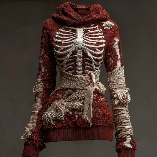 Halloween Bandage Skull Rose Art Slim Fit Knit Hooded Sweater artswardrobe
