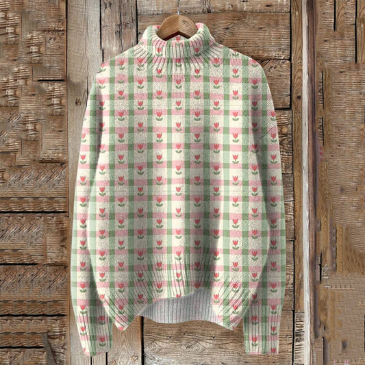 Vintage Floral Art Print Knit Turtleneck Pullover Sweater artswardrobe