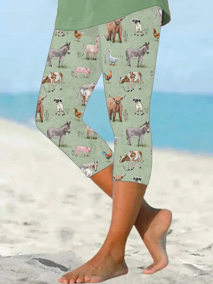 Farm Animals Print Casual Cozy Stretch Leggings artswardrobe