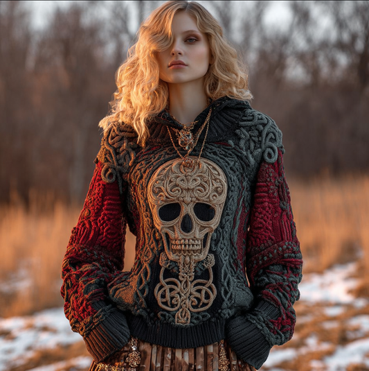A Woman's Hooded Sweater In Red And Black With Halloween Rose And Skull Elements. artswardrobe