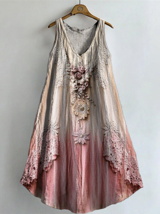 Women's Vintage Lace Floral Art Print V-neck Pocket Cotton Dress