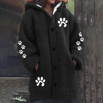 Comstylish Cute Paw Print Long Sleeved Knitted Hooded Cardigan