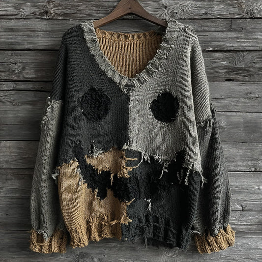 Halloween Spooky Face Contrast Stitching Comfortable V-neck Knitted Sweater artswardrobe