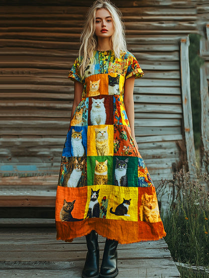 Pop Art Cute Cat Patchwork Design Cotton Linen Dress elevenforest
