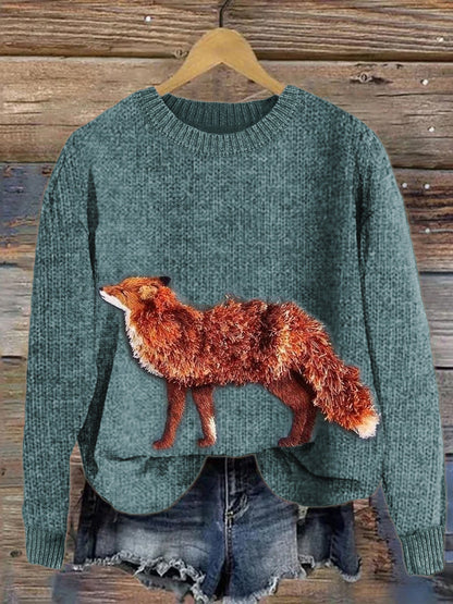 Fuzzy Fox Embroidery Art Cozy Knit Sweater artswardrobe