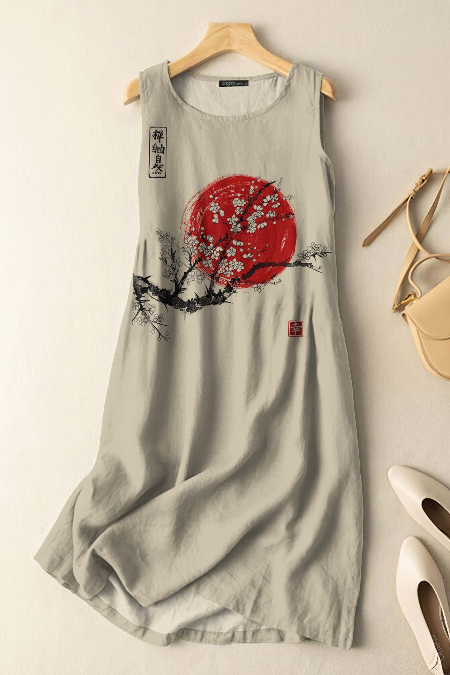 Comstylish Vintage Japanese Ink Flower Sunrise Art Print Sleeveless Cotton And Linen Midi Dress