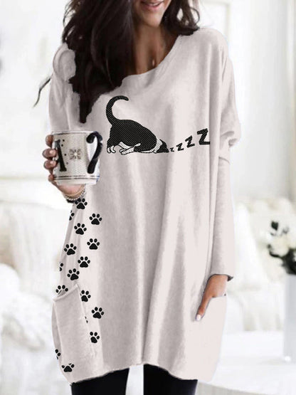 Cute Sleeping Cat Embroidered Comfy Tunic elevenforest
