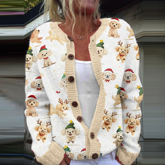 Puppy Embroidery Cozy Knitted Cardigan With Santa Hat artswardrobe