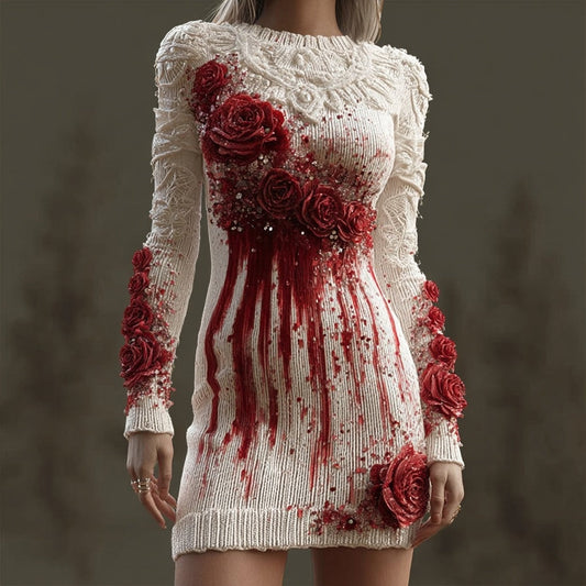 Halloween Bloody Roses Embroidered Cozy Knit Sweater Dress artswardrobe