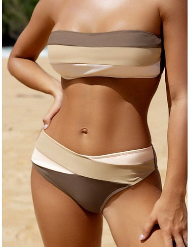 Swimwear Bikini 2 Piece Cheeky Swimsuit Slim Backless Vacation Beach Wear Stripe Strapless Sleeveless Bathing Suits