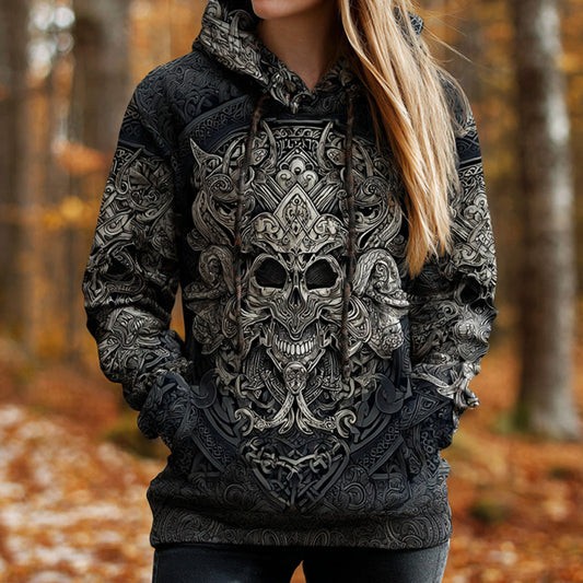 Women's Vintage Viking Tribal Celtic Skull Gradient Art Chunky Knit Hooded Sweater artswardrobe