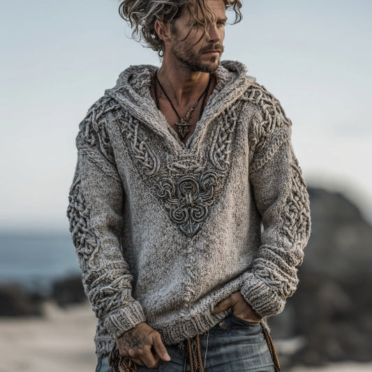 Men's Viking Celtic Jacquard Knitted Warm Hooded Sweater artswardrobe
