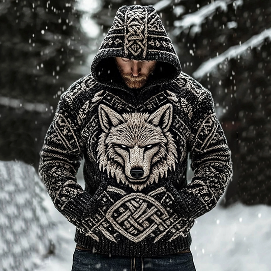 Men's Viking Wolf Art Knit Pocket Hooded Sweater artswardrobe