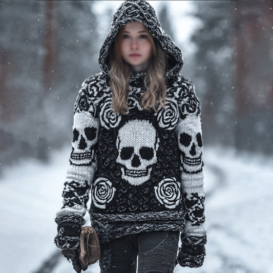 Women's Vintage Three-dimensional Skull Rose Black And White Warm Hooded Sweater artswardrobe