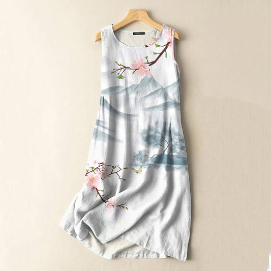 Comstylish Vintage Japanese Ink Flower Art Print Sleeveless Cotton And Linen Midi Dress