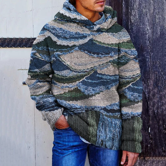 Men'S Chunky Knit Fringe Comfort Hooded Sweater artswardrobe