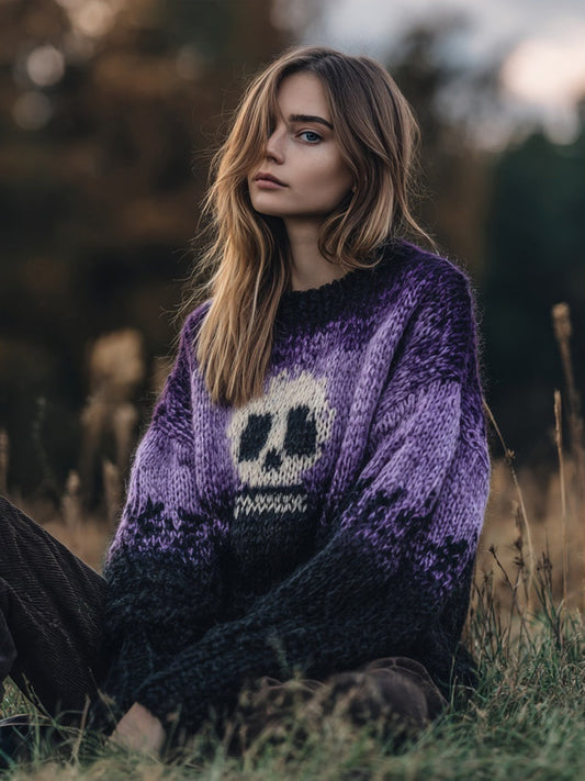 Halloween Skull Pattern Purple Gradient Cozy Knit Sweater artswardrobe