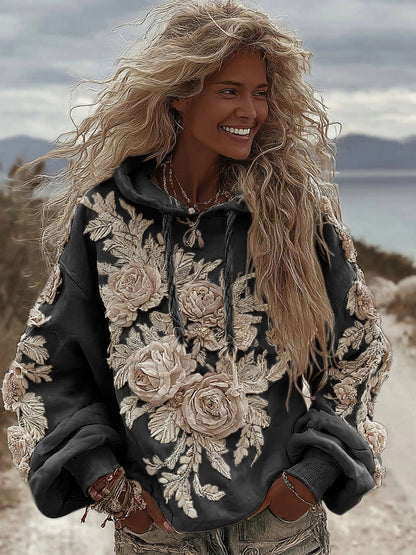Comstylish Women's Classic Romantic White Rose Embroidery Art Comfy Hoodie
