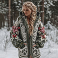Women's Celtic Knot Christmas Flower Jacquard Button Chunky Hooded Sweater artswardrobe