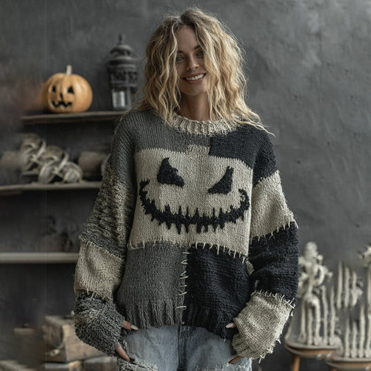 Halloween Pumpkin Face Patchwork Art Cozy Knit Sweater artswardrobe