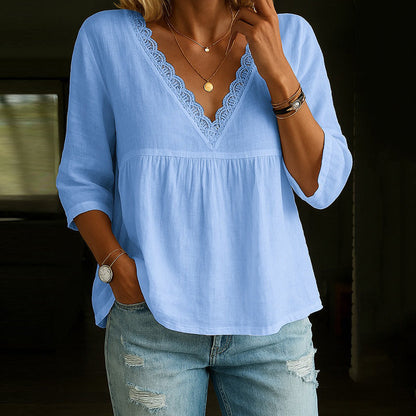 Women's Vintage Lace Cotton And Linen V-neck T-shirt artswardrobe