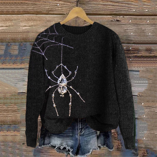 Vintage Crystal Spiders & Spiderweb Embroidered Cozy Sweater artswardrobe