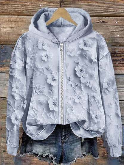 Comstylish 3d Floral Embroidered Lace Cozy Full Zip Hoodie