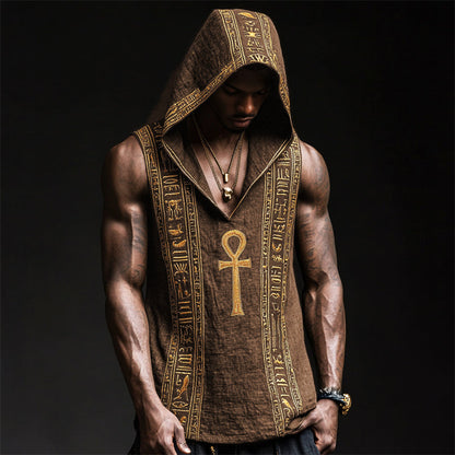 Men's Ankh Ancient Egyptian Embroidered Hooded Linen Tank artswardrobe