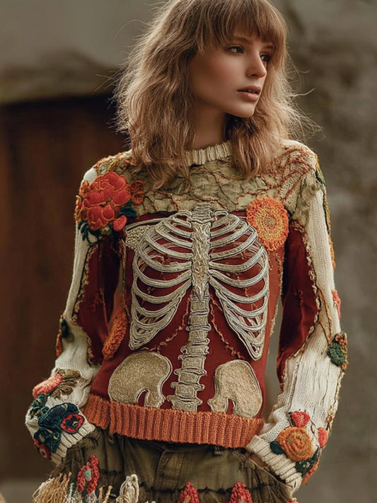 Women's Halloween Human Anatomy Art And Flower Color Blocked Ancient Round Neck Sweater artswardrobe