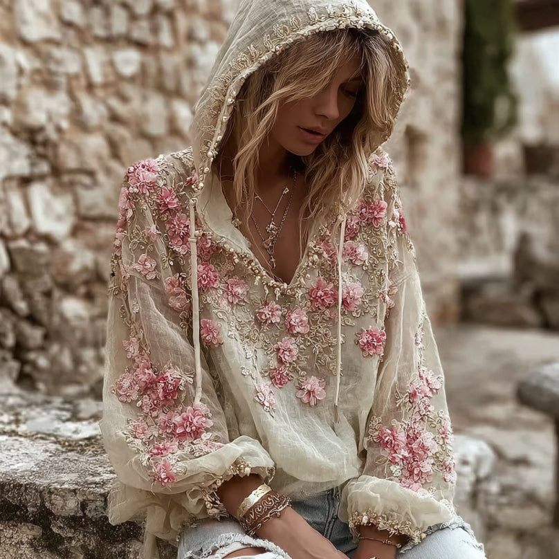 Comstylish Women's Pink Floral Embroidery Art V-neck Linen Blend Hoodie