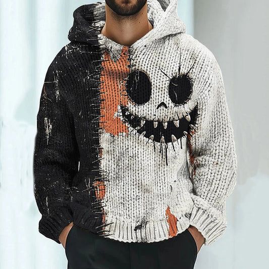 Men's Halloween Pumpkin Face Colorblock Stitched Cozy Knit Hooded Sweater artswardrobe