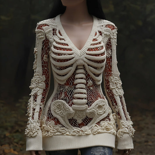 Women's Halloween Skull Sequin Art Knitted Warm V-neck Sweater artswardrobe