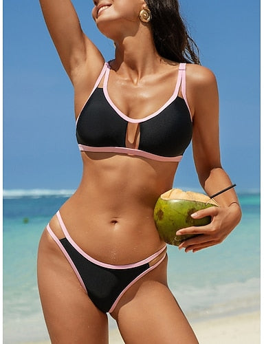 Bikini 2 Piece Swimsuit Underwire Thong Slim Backless Vacation Beach Wear Color U Neck Sleeveless Bathing Suits