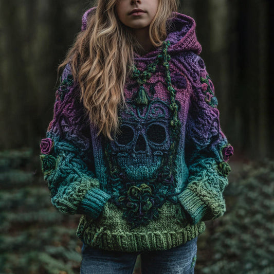Women's Vintage Viking Skull Gradient Art Knit Hooded Sweater artswardrobe