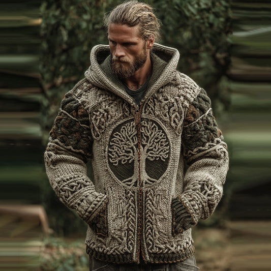 Men's Vintage Viking Tree Of Life Jacquard Knitted Cozy Zipper Up Hooded Cardigan artswardrobe