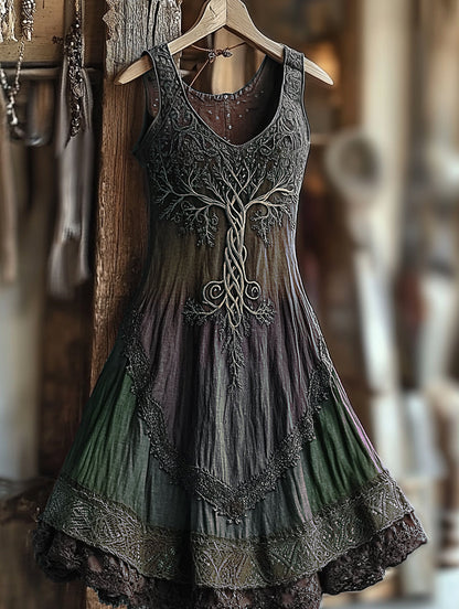 Women's Vintage  Viking Tree Of Life Gradient Linen Dress artswardrobe