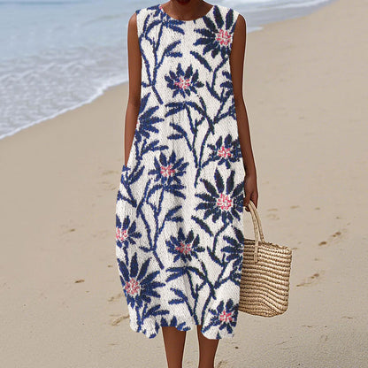 Japanese Floral Pattern Women's Linen Vest Dress artswardrobe