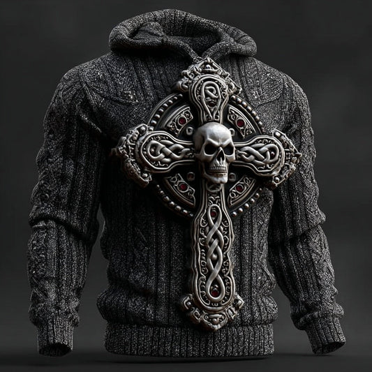 Men's Vintage Skull Cross Celtic Knit Chunky Hooded Sweater artswardrobe