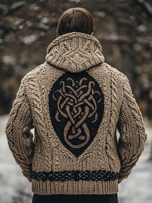 Men's Vintage Viking Style Jacquard Knit Hooded Cardigan artswardrobe