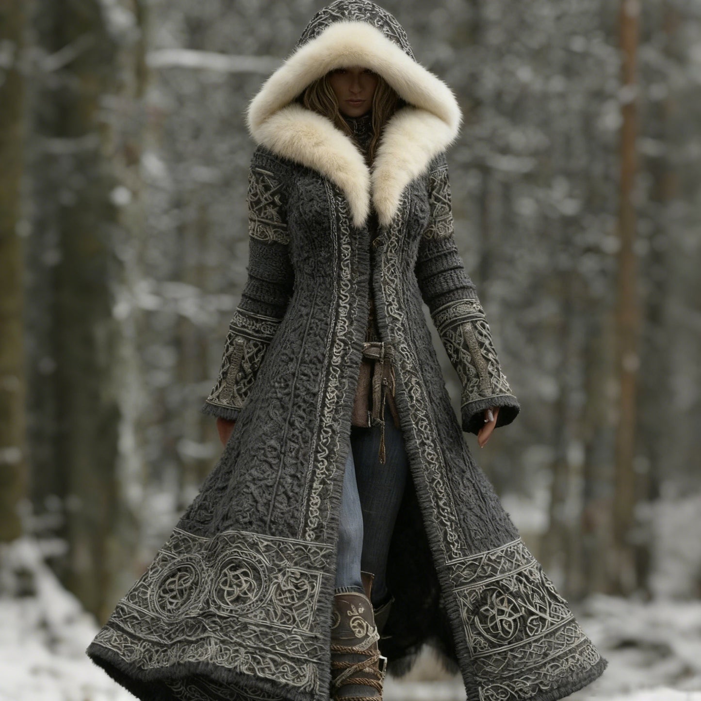Comstylish Women's Viking Celtic Knot Knitted Jacquard Cozy Fur Trim Hooded Cardigan