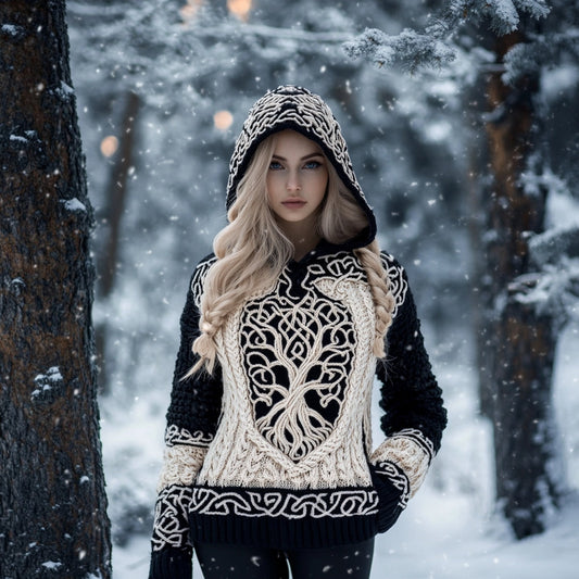 Women's Viking Tree Of Life Jacquard Cozy Knit Hooded Sweater artswardrobe