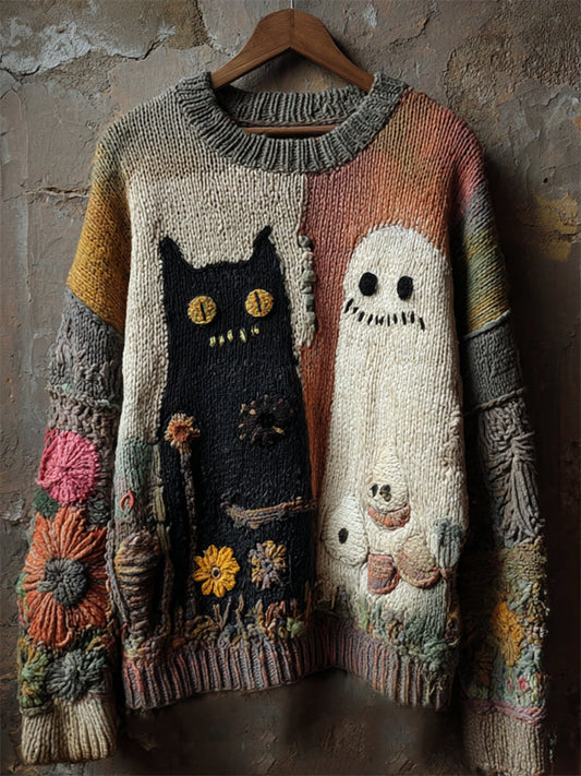 Halloween Ghost & Black Cat Floral Colorblock Cozy Knit Sweater artswardrobe