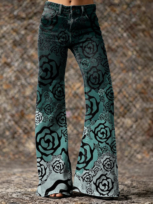 Women's Vintage Green Gradient Rose Art Print Casual Slim Denim Wide Leg Pants