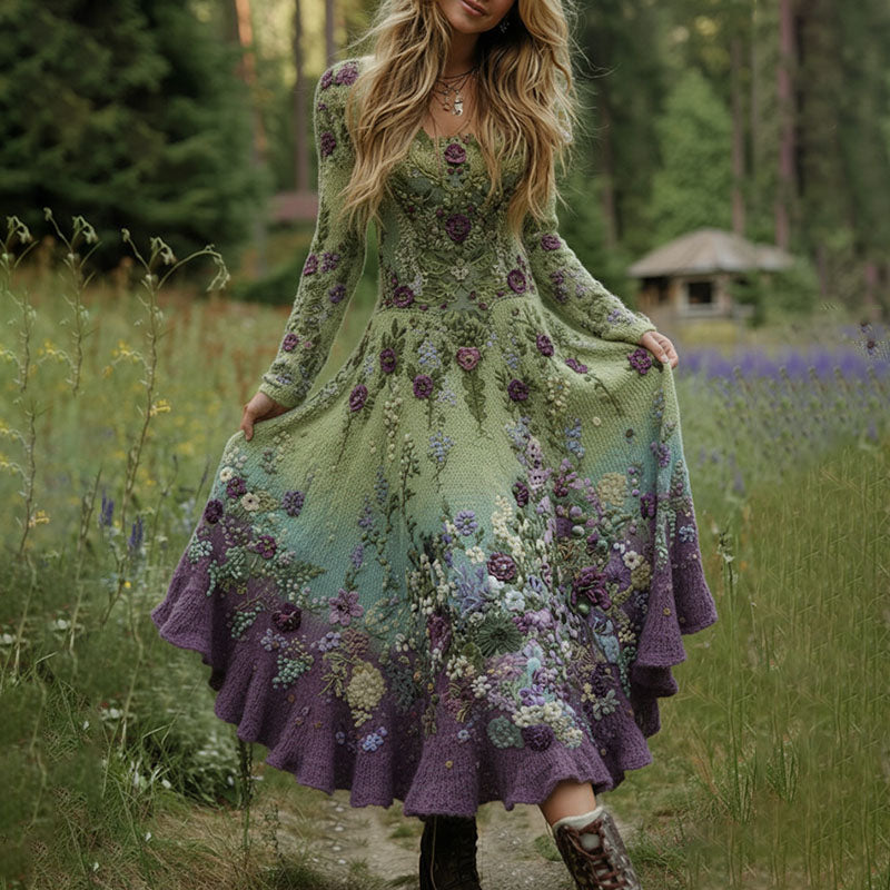 Comstylish Classy Gradient Purple Lavender And Floral Art Cozy Knit Maxi Dress