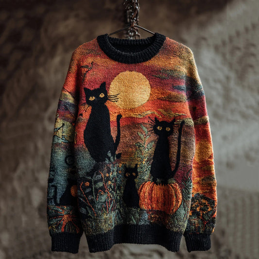 Retro Halloween Pumpkin Black Cat Print Knit Pullover Sweater artswardrobe