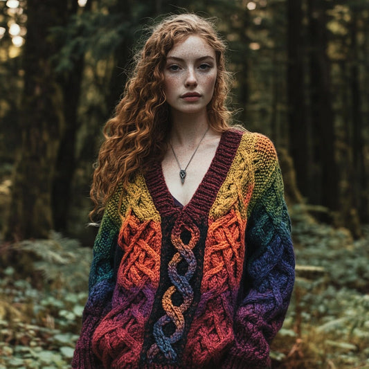 Vintage Rainbow Gradient Celtic Jacquard Chunky V-neck Aran Sweater artswardrobe