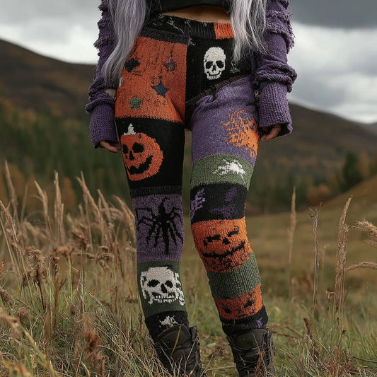Women's Halloween Pumpkin Patchwork Cozy Leggings artswardrobe