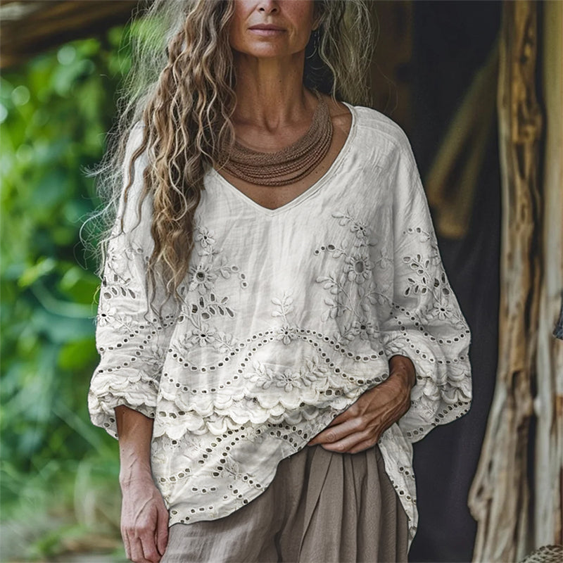 Comstylish Cottage Floral Embroidered Lace Flowy Linen Tunic