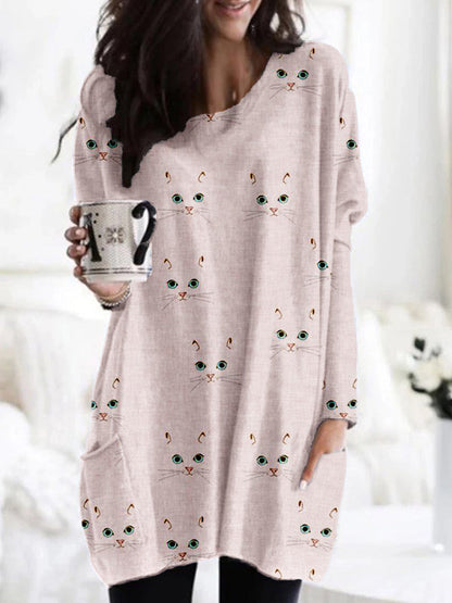 Comstylish Cute Cat Face Pattern Patch Pocket Comfy Tunic
